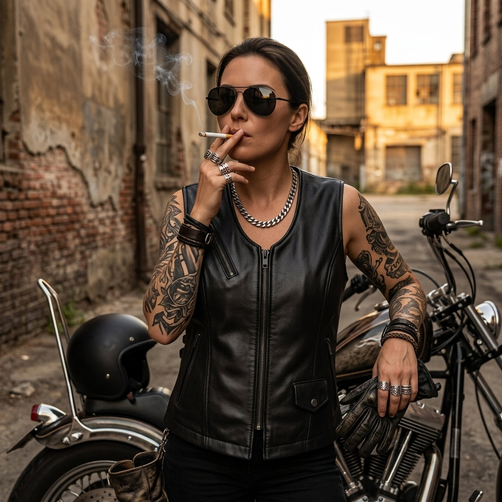 Midnight Cowgirl - Women's Lambskin Leather Motorcycle Vest